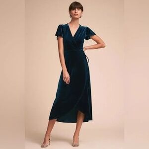 BHLDN Dover Velvet Dress Wrap Tie Belt Gown Bridesmaid Wedding Small - Teal